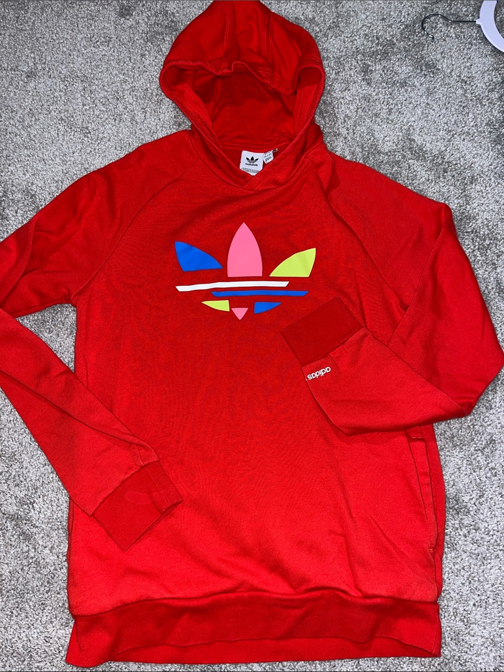 Adidas Red fleece hooded hoodie Sweatshirt XL Youth Kids 9/10 years Trefoil logo